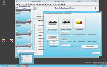 Windows Server 2012 Kanzleisoftware Labortests - LawFirm Professional - Fenster "Kanzlei-Entwicklung" (Wirtschaftlichkeitsanalysen, Umsatz-Statistiken) mit neuer Auswahlvorschau-Anzeige in der Windows Taskleiste, auerdem individuelle Einstellung 3D-Farbverlauf
